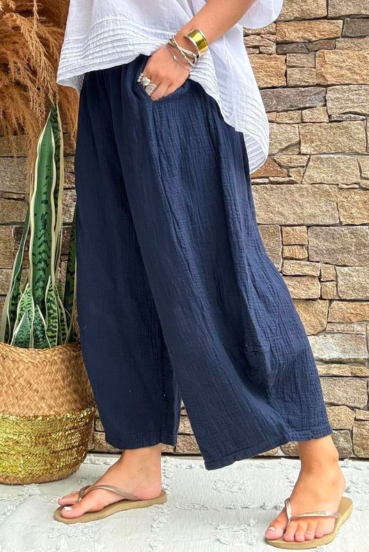 Annie Cushion Cotton Barrel Culotte Pant Navy
